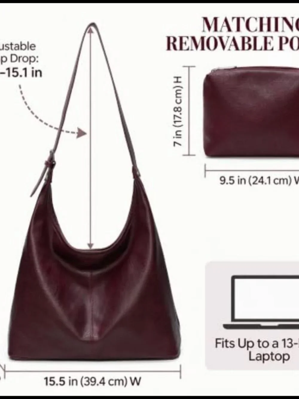 Vegan Leather Slouchy Hobo Shoulder Bag with Matching Pouch